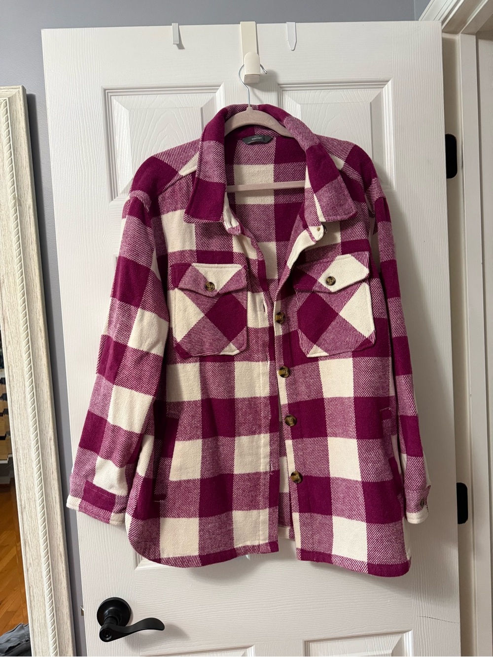Pink and Cream Plaid Button-Up Shacket